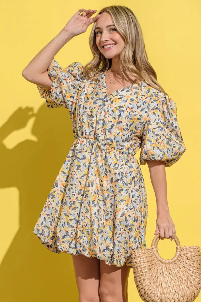 And The Why Full Size Floral Surplice Puff Sleeve Dress - Love Salve